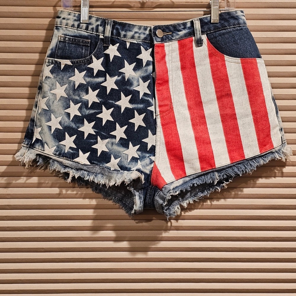 BIBI American Flag Denim Shorts Stars & Stripes Raw Hem Painted Patriotic Size L